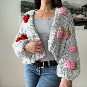 Handmade Knit Strawberry Cardigan Coquette Open Shawl Sweater Twee Y2K